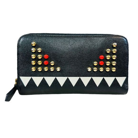 Fendi Black Monster Leather Gold Studded Zip Around Wallet - Picture 1 of 12